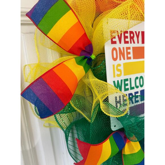 Everyone is Welcome Here Rainbow Pride Flag LGBTQ Sign Mesh Ribbon Wreath - Picture 3 of 8